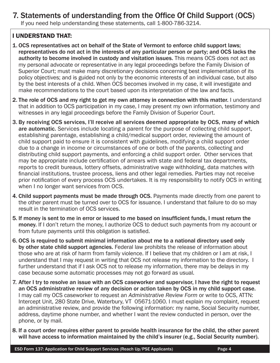 ESD Form 137 Application for Child Support Services for Reach up / Pse Applicants - Vermont, Page 4