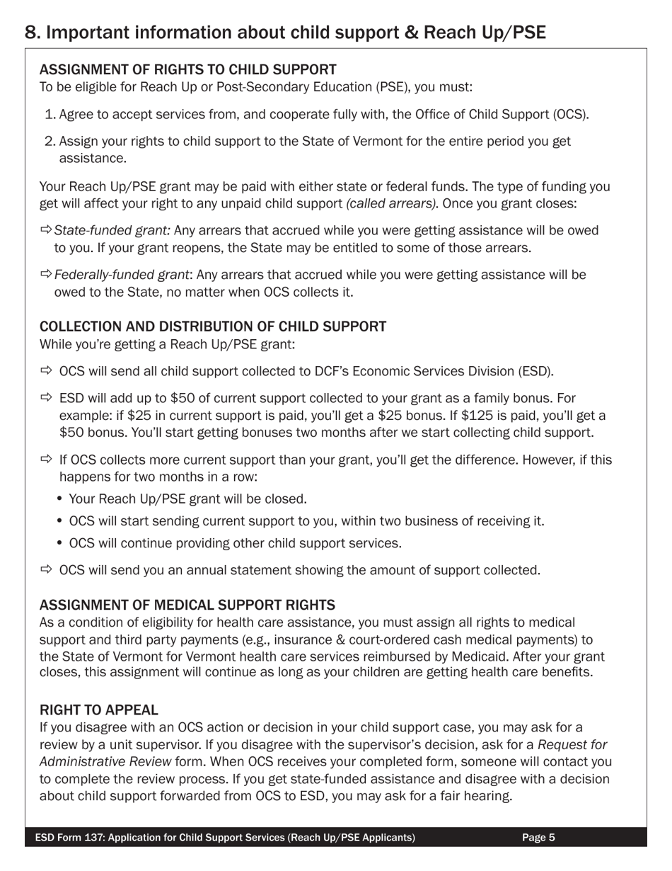 ESD Form 137 Application for Child Support Services for Reach up / Pse Applicants - Vermont, Page 5
