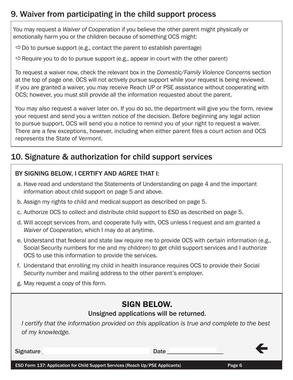 ESD Form 137 Application for Child Support Services for Reach up / Pse Applicants - Vermont, Page 6