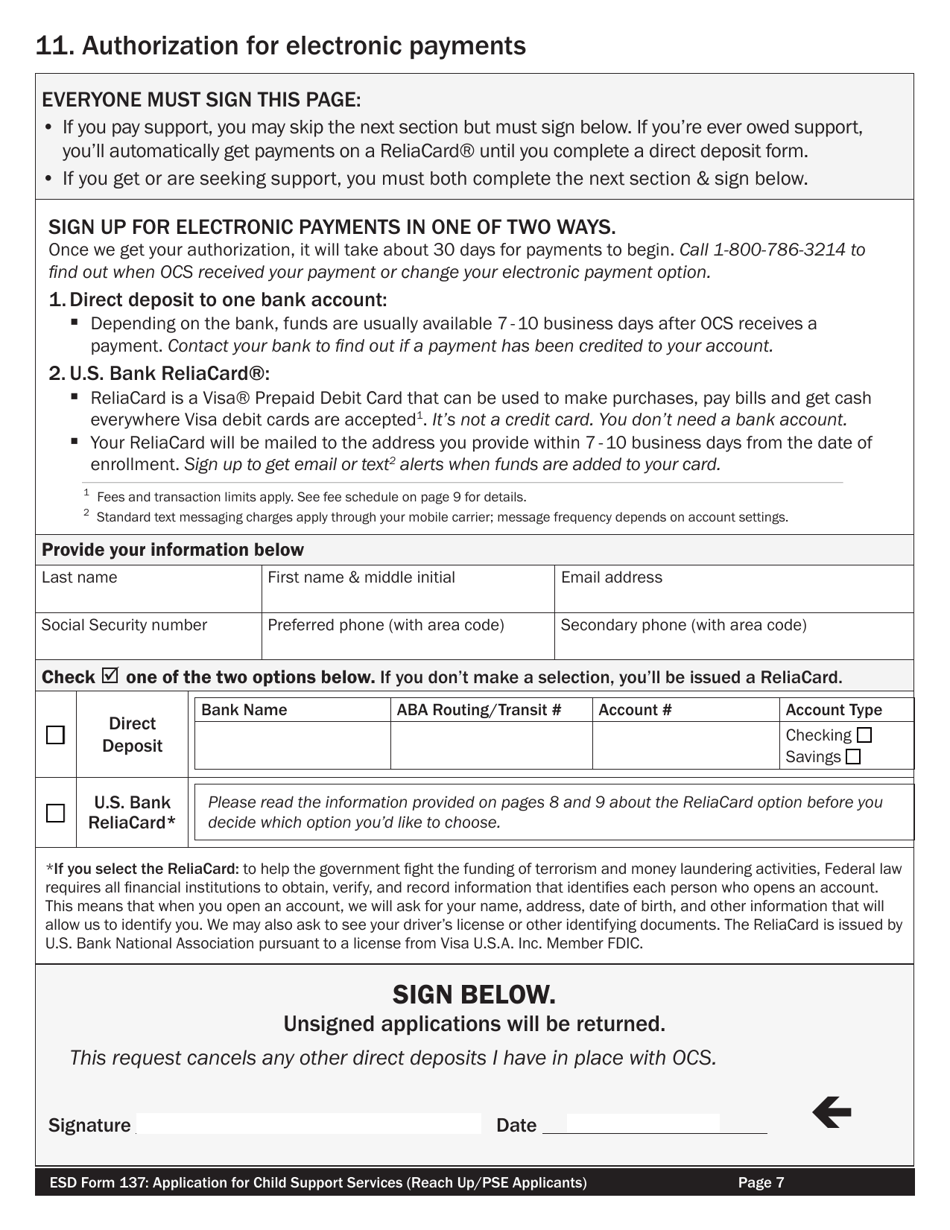 ESD Form 137 Application for Child Support Services for Reach up / Pse Applicants - Vermont, Page 7