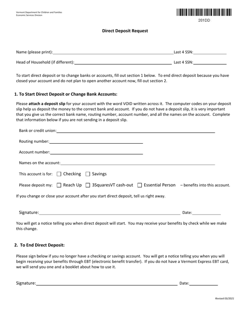 Form 201DD Direct Deposit Request - Vermont