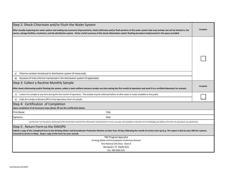 Seasonal Start-Up Procedures and Certification - Public Water Systems Serving Groundwater - Vermont, Page 2