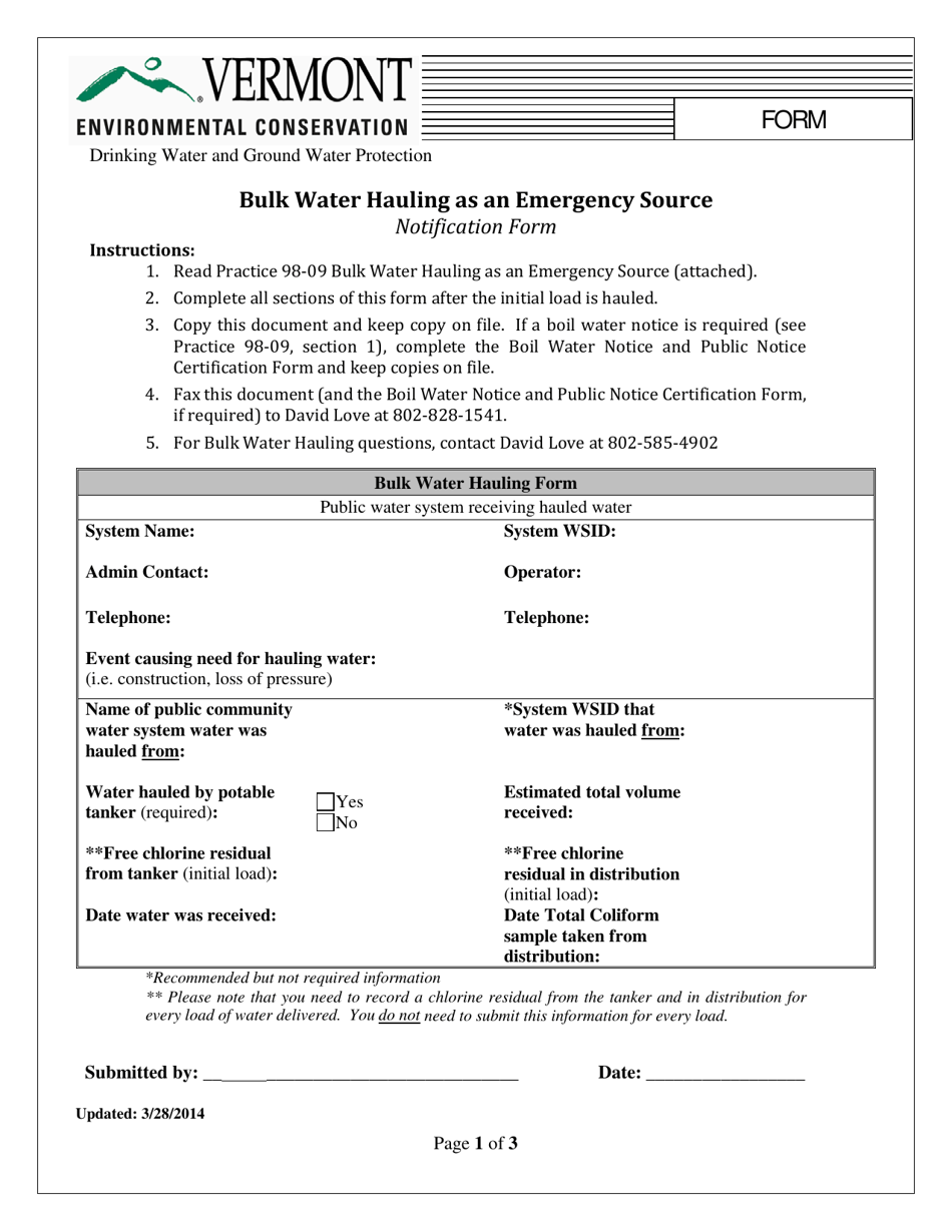 Bulk Water Hauling as an Emergency Source Notification Form - Vermont, Page 1