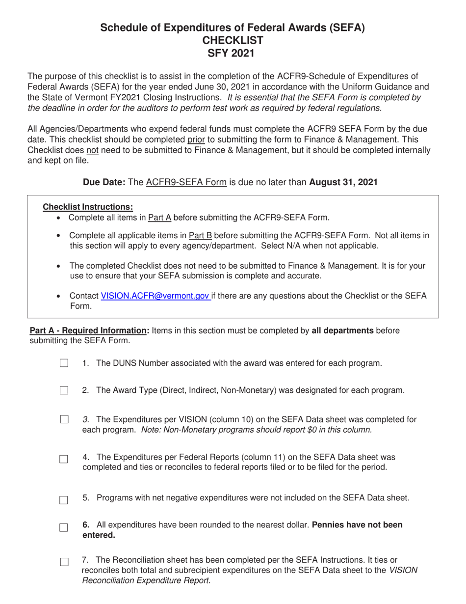 Form ACFR-9 Schedule of Expenditures of Federal Awards (Sefa) Checklist - Vermont, Page 1
