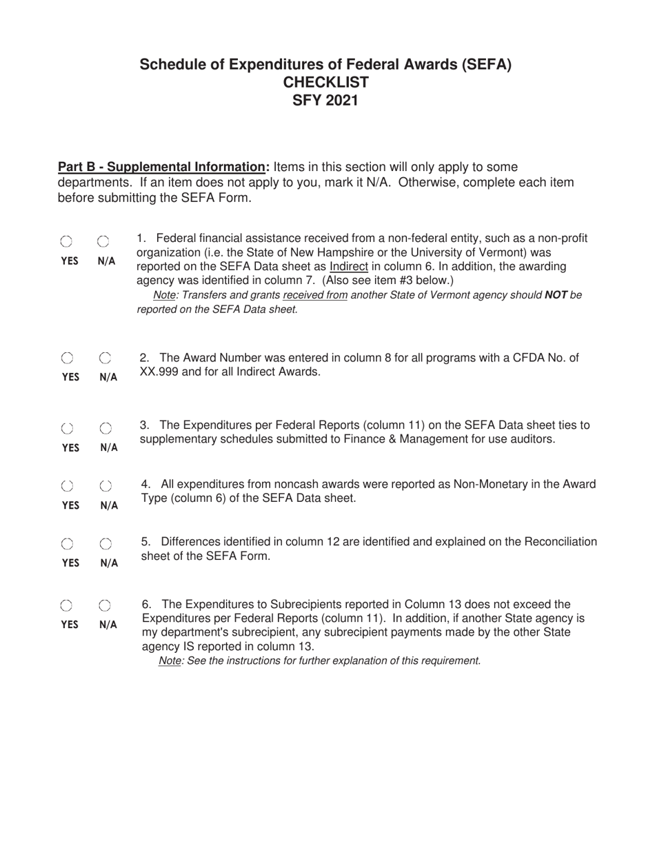 Form ACFR-9 Schedule of Expenditures of Federal Awards (Sefa) Checklist - Vermont, Page 2