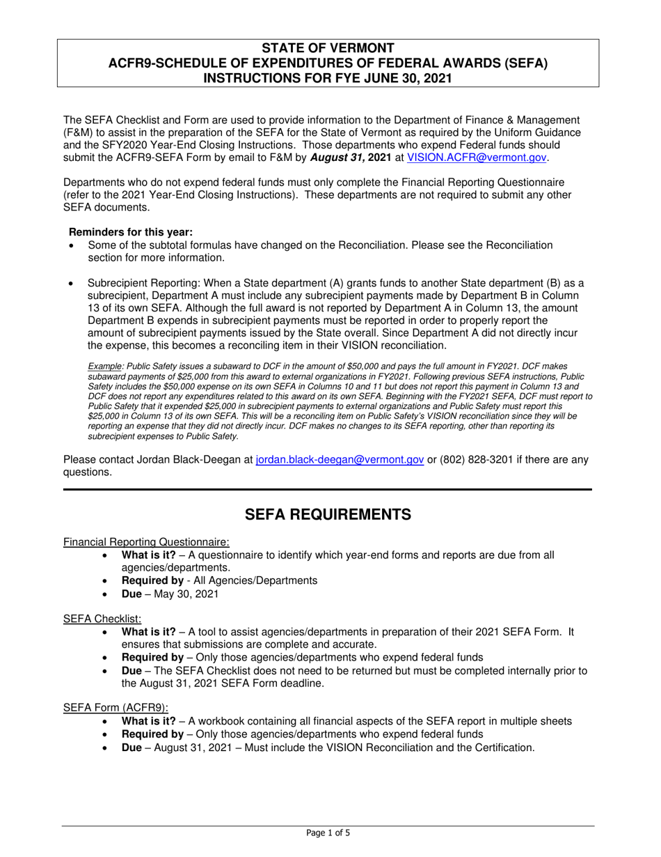 Instructions for Form ACFR-9 Sefa Form - Vermont, Page 1