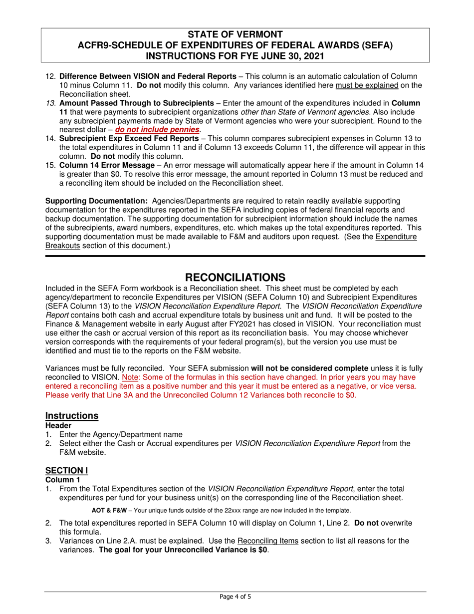 Instructions for Form ACFR-9 Sefa Form - Vermont, Page 4