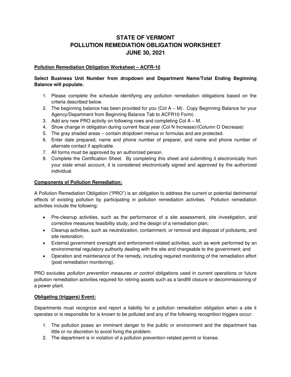 Instructions for Form ACFR-10 Pollution Remediation Obligation Worksheet - Vermont, Page 1