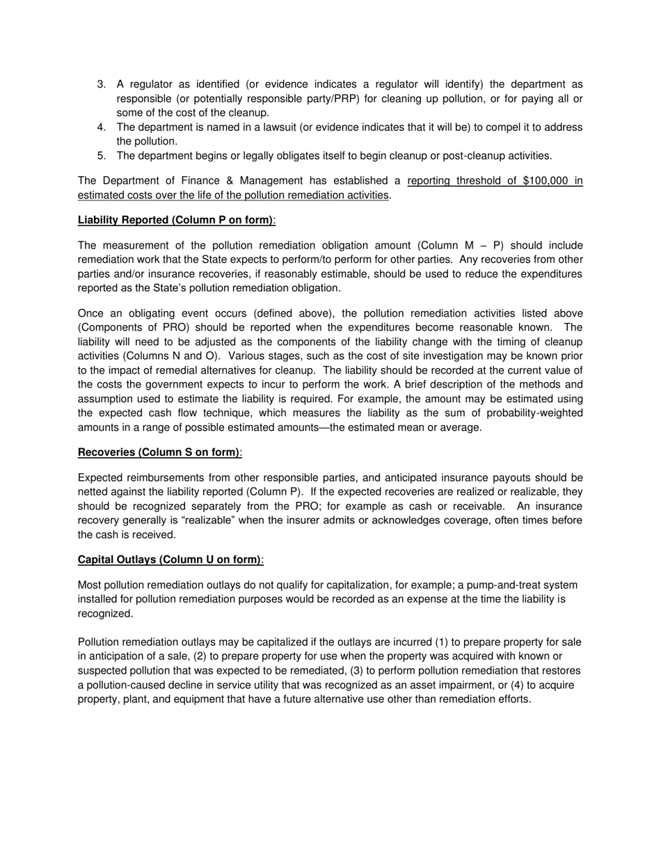 Instructions for Form ACFR-10 Pollution Remediation Obligation Worksheet - Vermont, Page 2