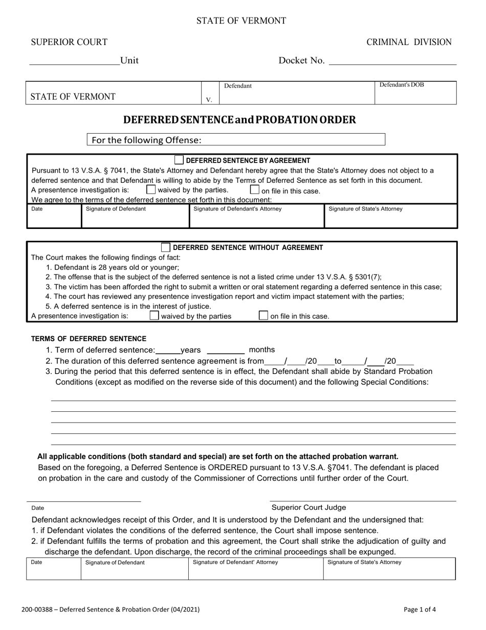 Form 200-00388 Deferred Sentence and Probation Order - Vermont, Page 1