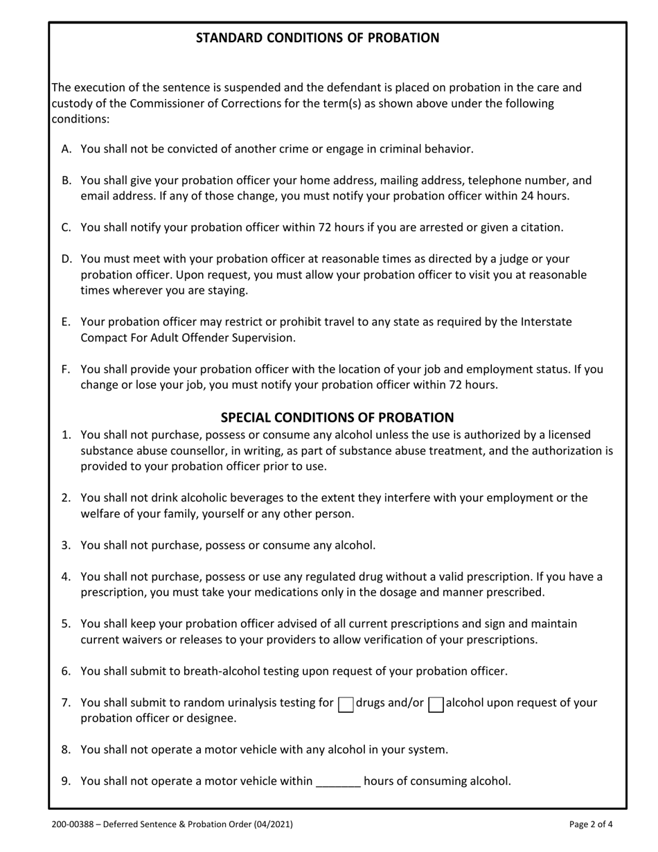 Form 200-00388 Deferred Sentence and Probation Order - Vermont, Page 2