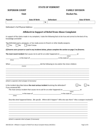 Form 400-00151N Affidavit in Support of Relief From Abuse Complaint - Vermont