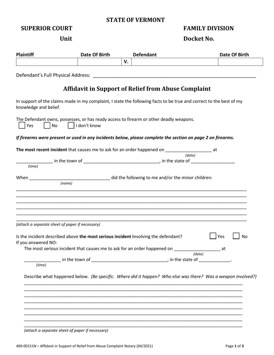 Form 400-00151N Affidavit in Support of Relief From Abuse Complaint - Vermont, Page 1