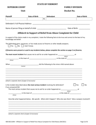 Document preview: Form 400-00151MN Affidavit in Support of Relief From Abuse Complaint for Child - Vermont