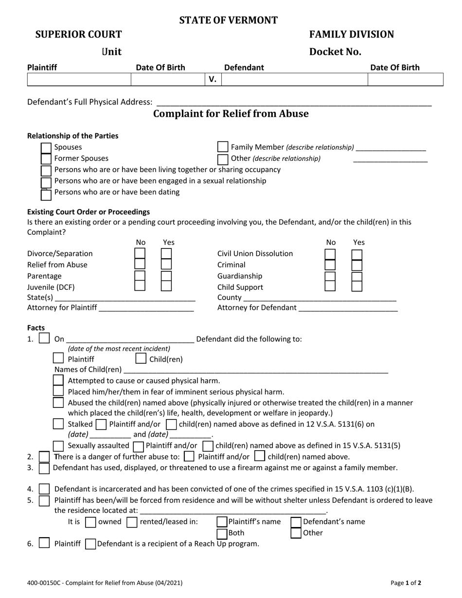 Form 400-00150C Complaint for Relief From Abuse - Vermont, Page 1