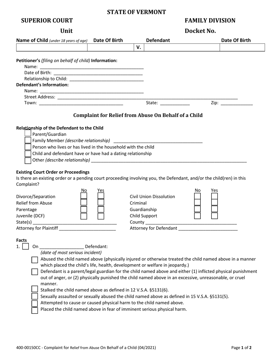 Form 400-00150CC Complaint for Relief From Abuse on Behalf of a Child - Vermont, Page 1