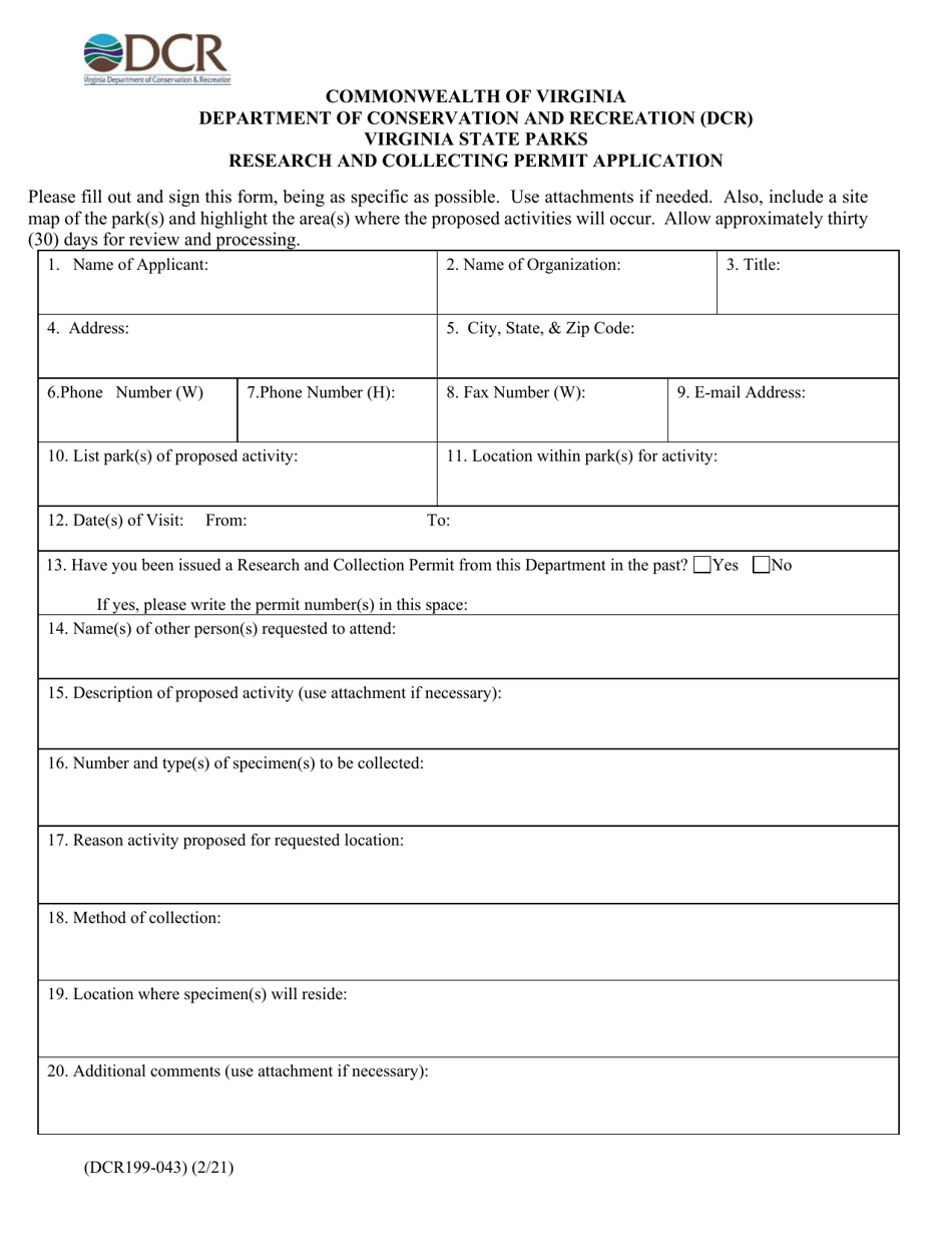 Form DCR199-043 State Parks Research and Collecting Permit Application - Virginia, Page 1