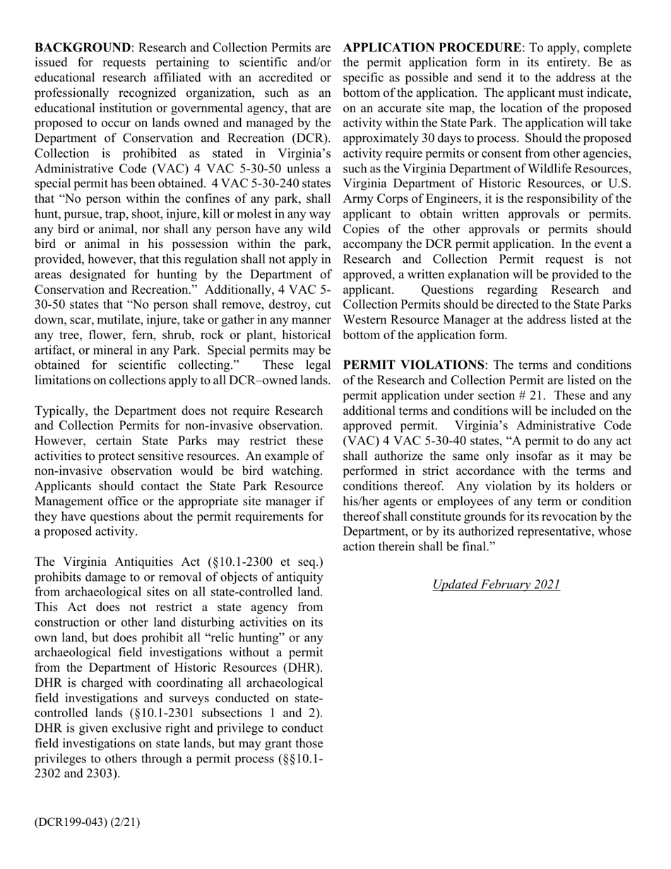 Form DCR199-043 State Parks Research and Collecting Permit Application - Virginia, Page 3