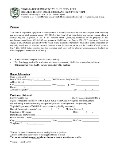 Disabled Hunter Local Treestand Exemption Form - Virginia