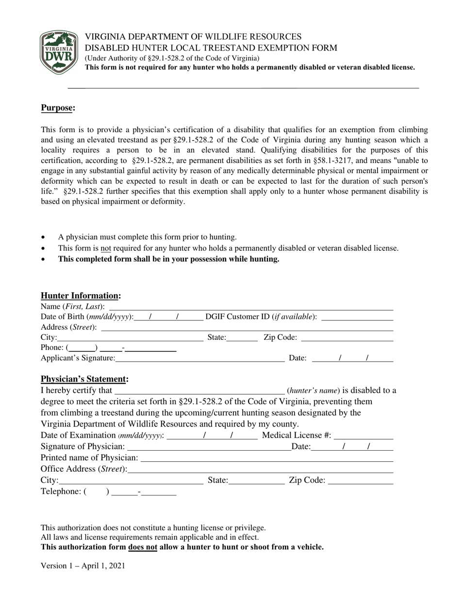 Disabled Hunter Local Treestand Exemption Form - Virginia, Page 1