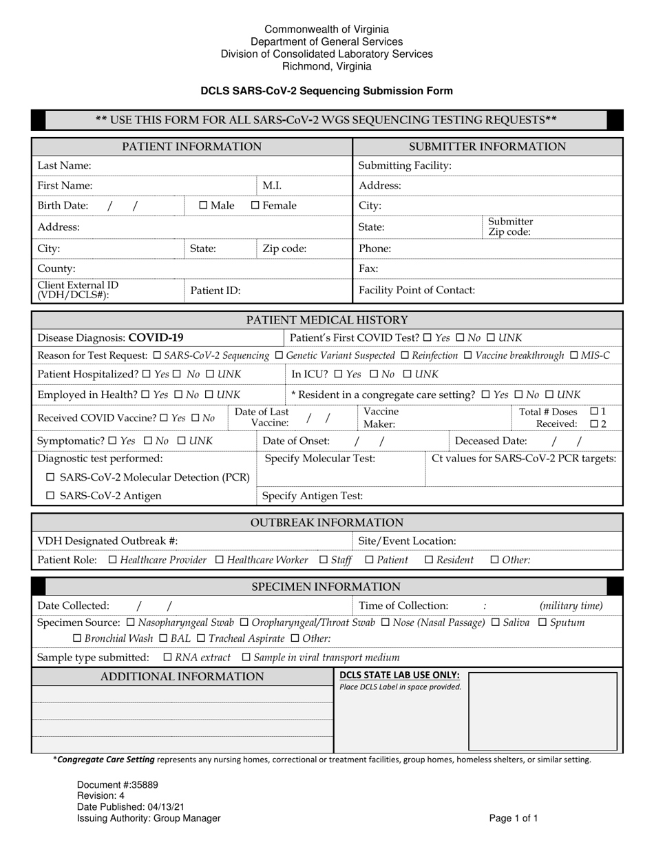 Form 35889 Dcls Sars-Cov-2 Sequencing Submission Form - Virginia, Page 1