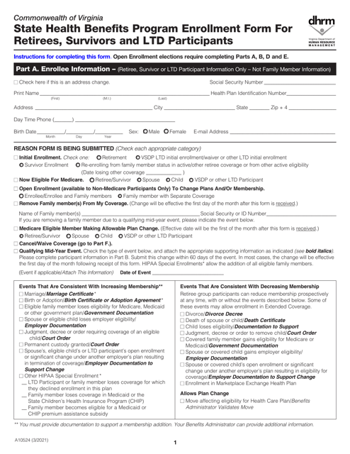 Form A10524 State Health Benefits Program Enrollment Form for Retirees, Survivors and Ltd Participants - Virginia
