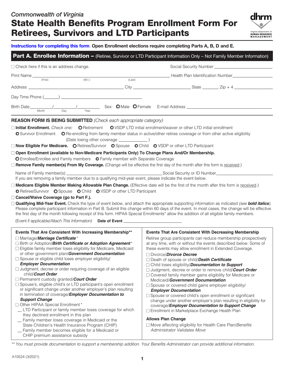 Form A10524 State Health Benefits Program Enrollment Form for Retirees, Survivors and Ltd Participants - Virginia, Page 1