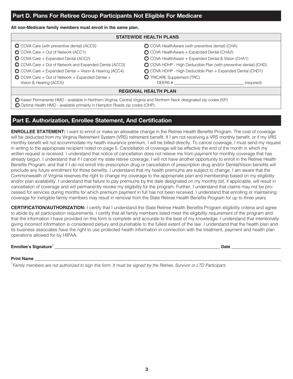 Form A10524 State Health Benefits Program Enrollment Form for Retirees, Survivors and Ltd Participants - Virginia, Page 3
