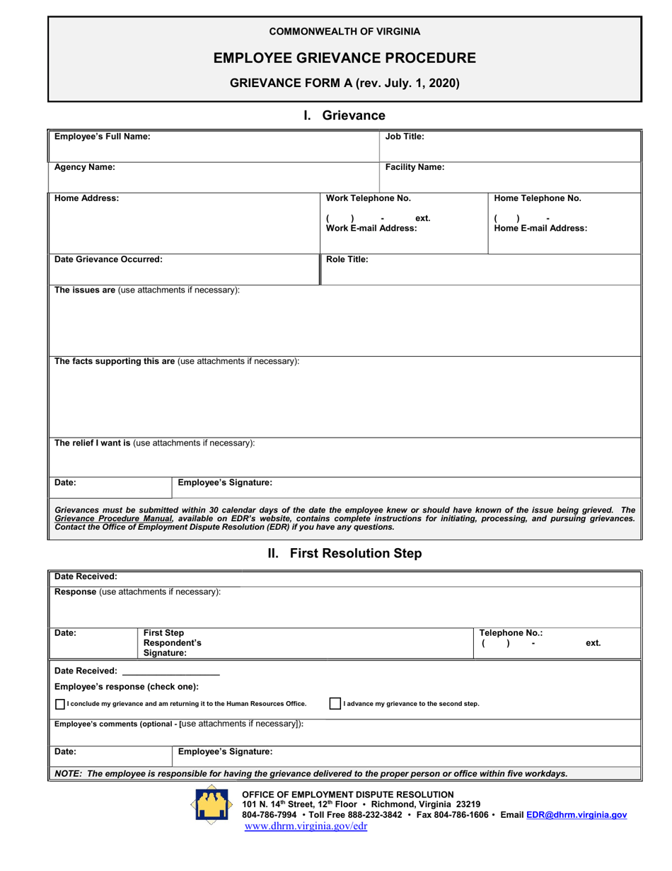 Form A Grievance Form - Virginia, Page 1