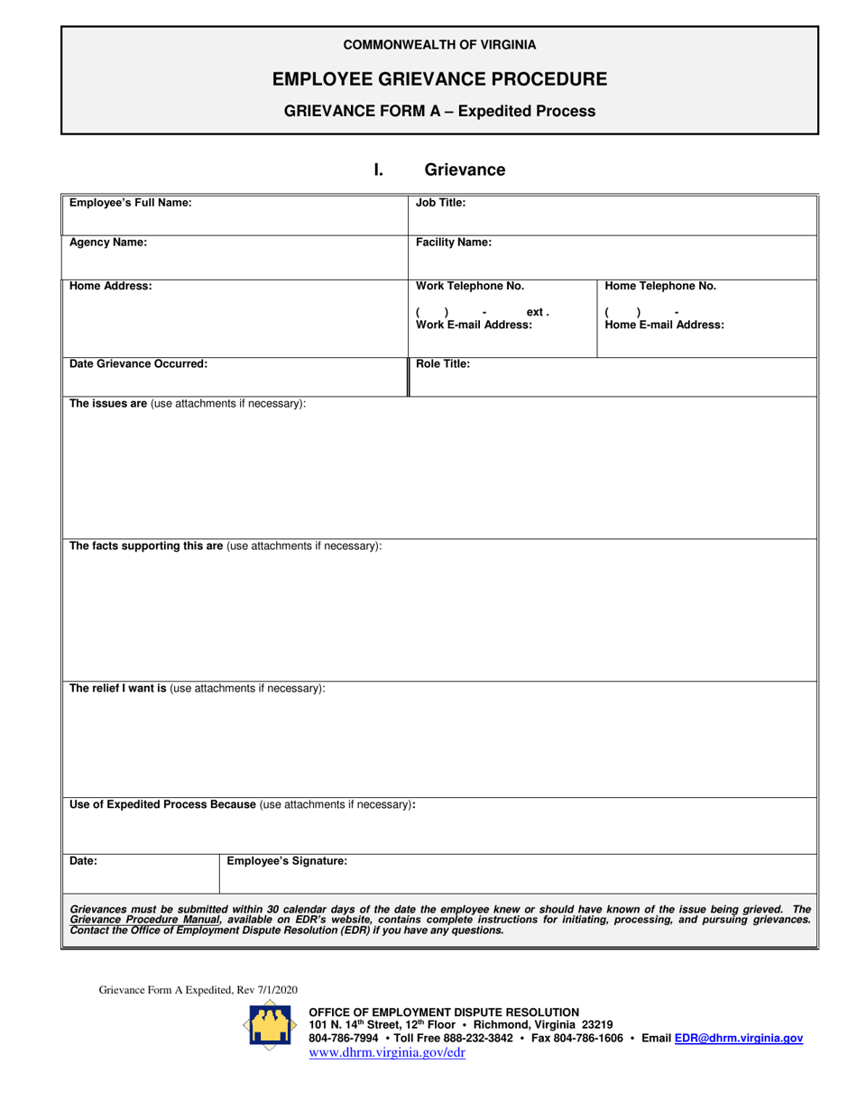 Form A Download Fillable PDF or Fill Online Grievance Form Expedited