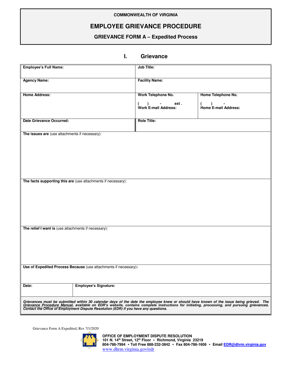 Form A Grievance Form - Expedited Process - Virginia, Page 1
