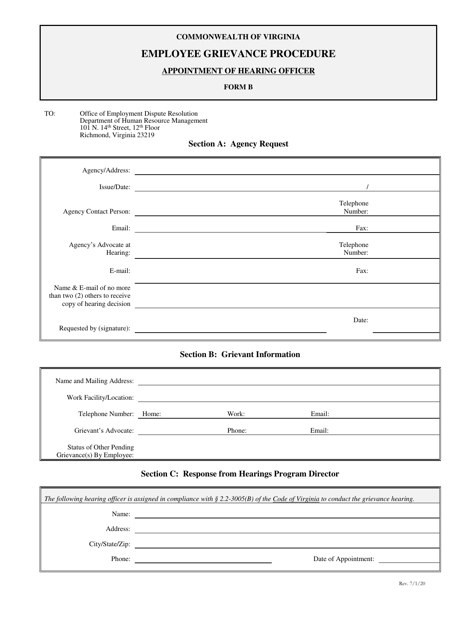 Form B Request for Hearing Officer Appointment - Virginia