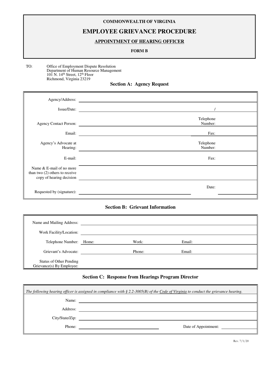 Form B Request for Hearing Officer Appointment - Virginia, Page 1