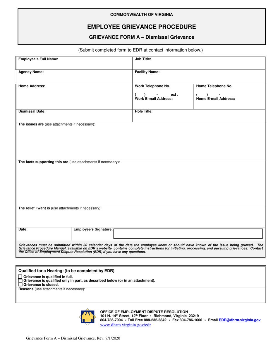 Form A Grievance Form - Dismissal Grievance - Virginia, Page 1