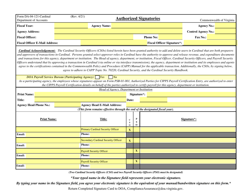 Form DA-04-121-CARDINAL Authorized Signatories - Virginia, 2022
