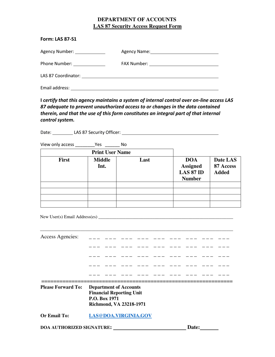Form LAS-87-S1 Security Access Request Form - Virginia, Page 1