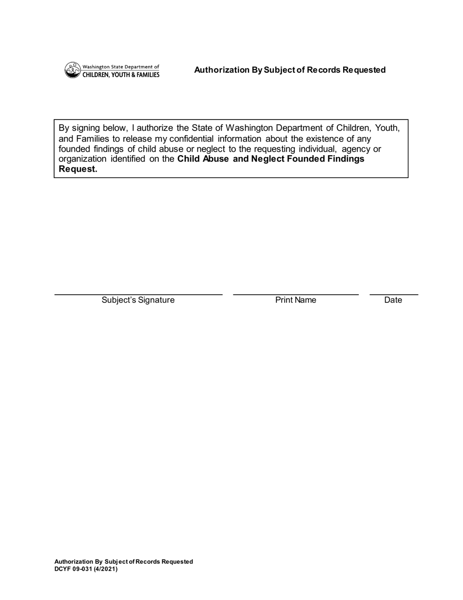 DCYF Form 09-031 Authorization by Subject of Records Requested - Washington, Page 1