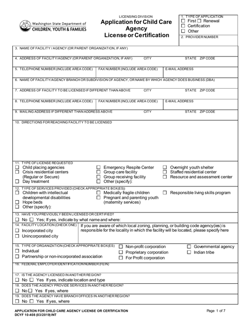 DCYF Form 10-408 Application for Child Care Agency License or Certification - Washington