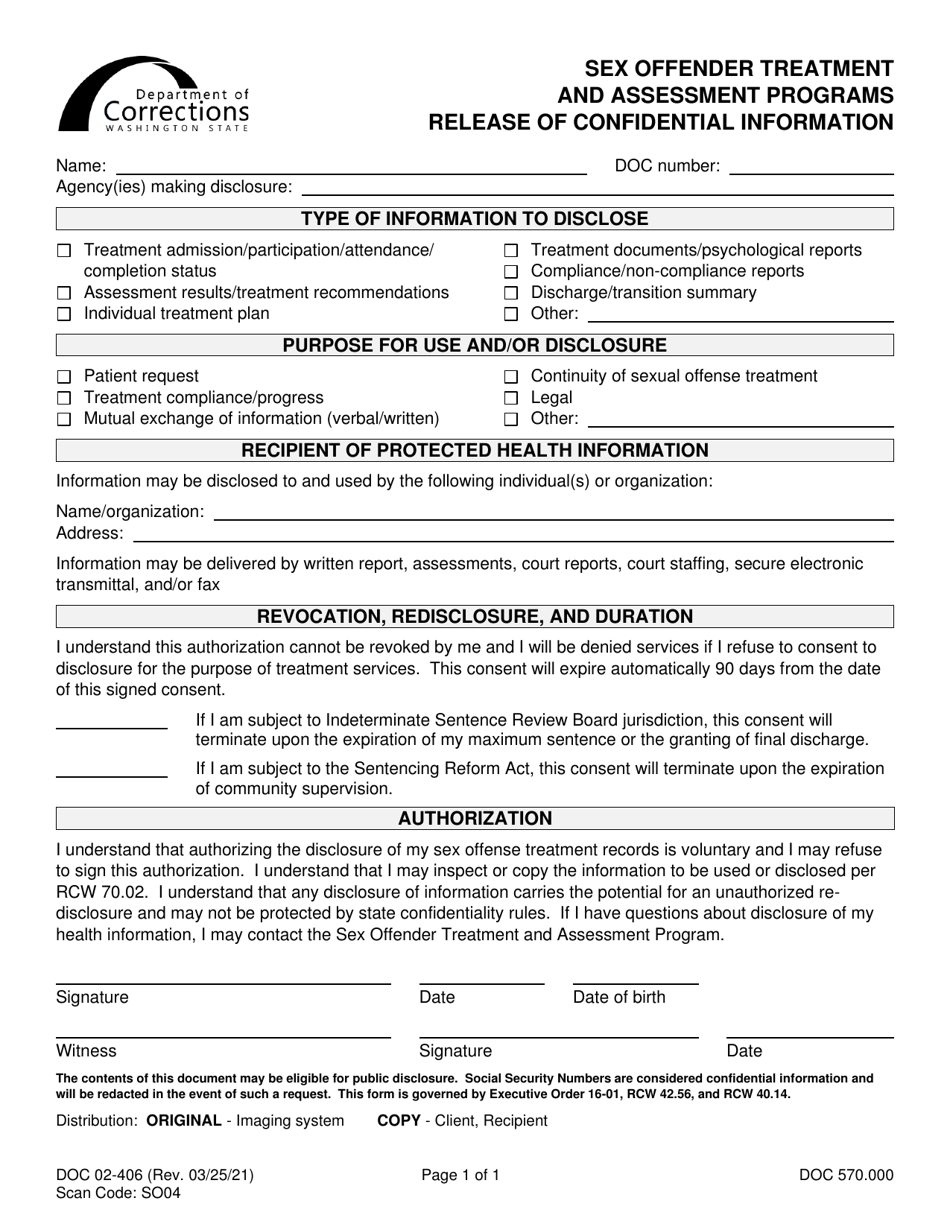 Form DOC02-406 Sex Offender Treatment and Assessment Programs Release of Confidential Information - Washington, Page 1