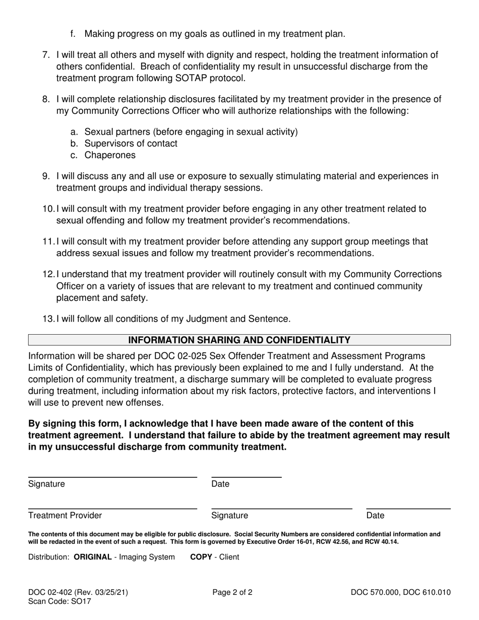 Form DOC02-402 Sex Offender Treatment and Assessment Programs Informed Consent for Community Treatment - Washington, Page 2