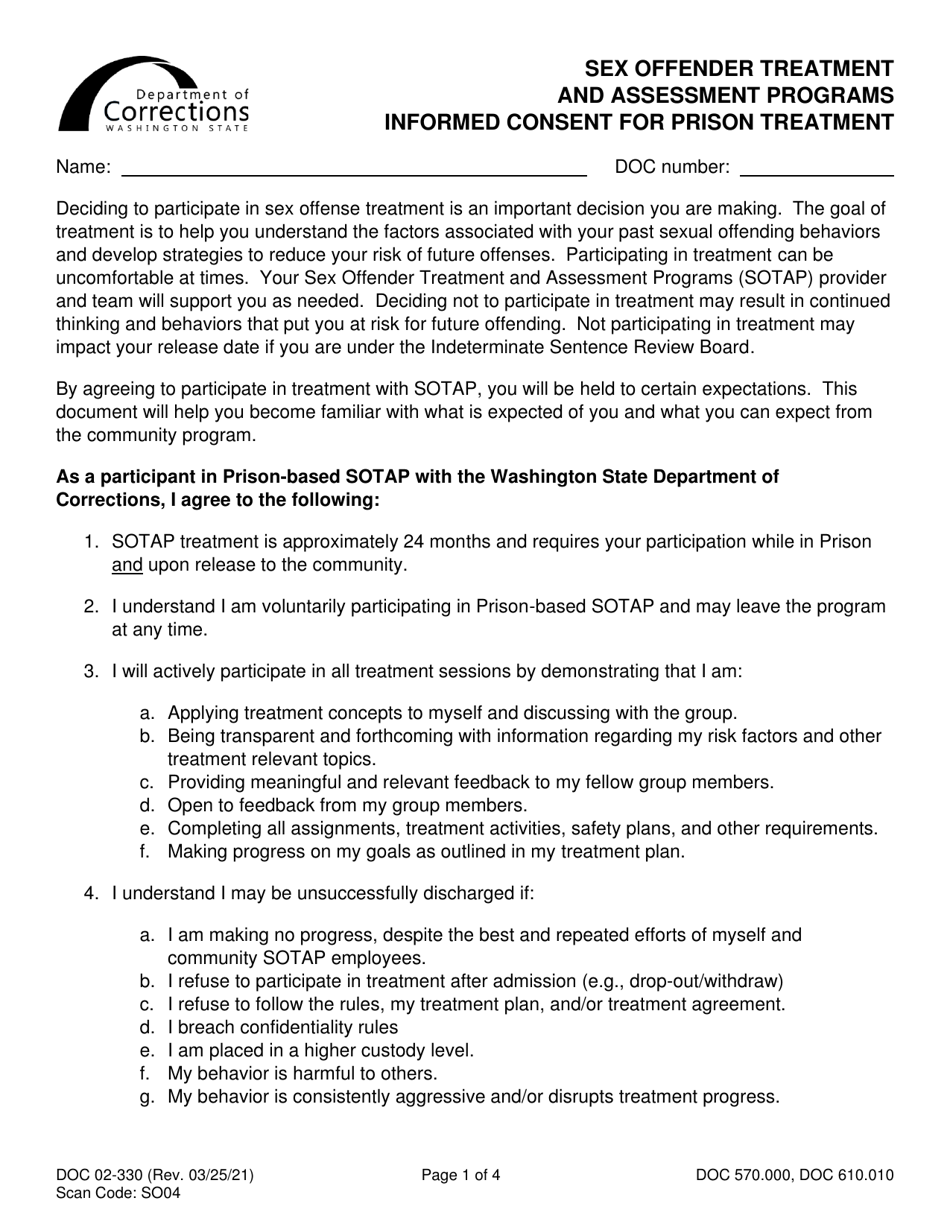 Form DOC02-330 Sex Offender Treatment and Assessment Programs Informed Consent for Prison Treatment - Washington, Page 1