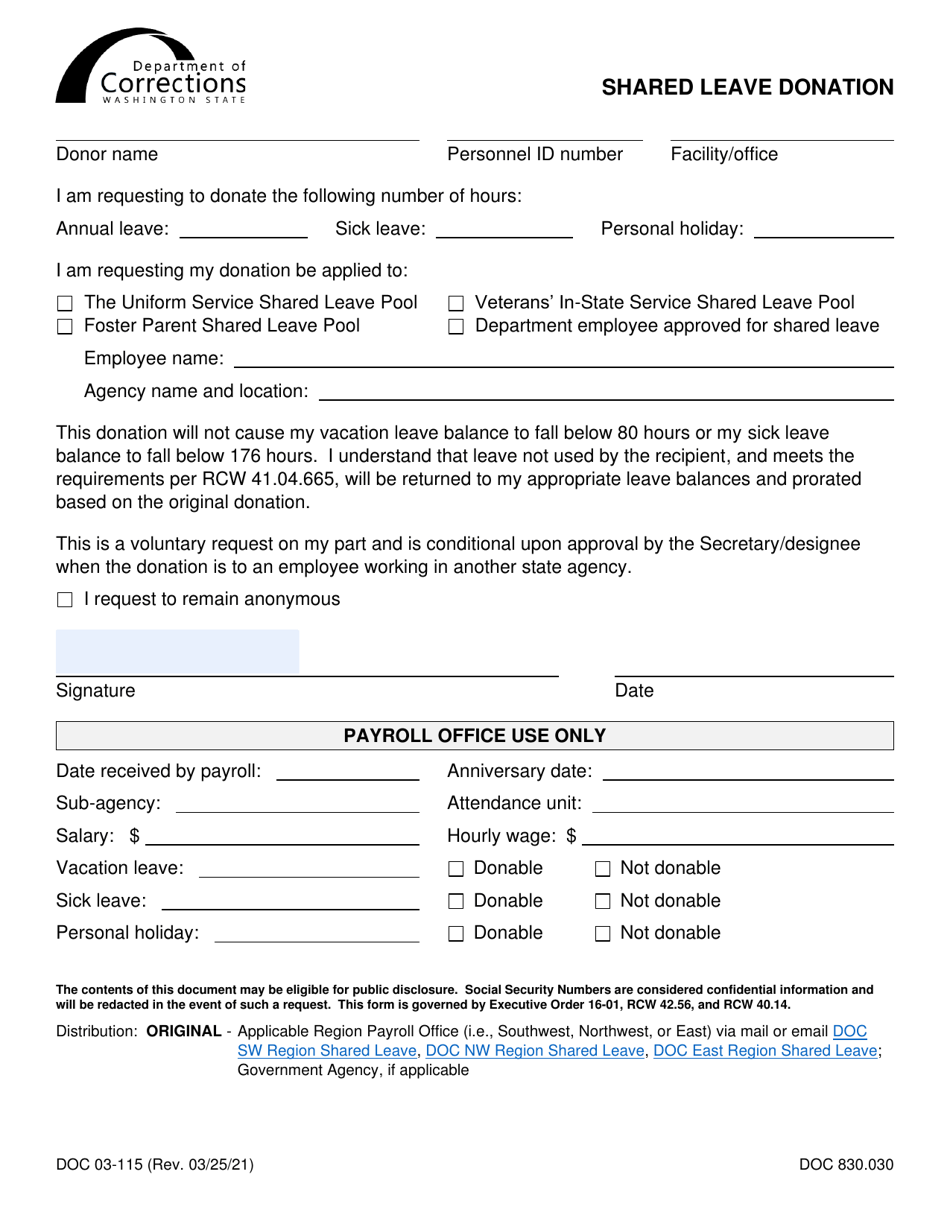 Form DOC03-115 Shared Leave Donation - Washington, Page 1
