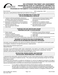 Document preview: Form DOC02-406ES Sex Offender Treatment and Assessment Programs Release of Confidential Information - Washington (English/Spanish)