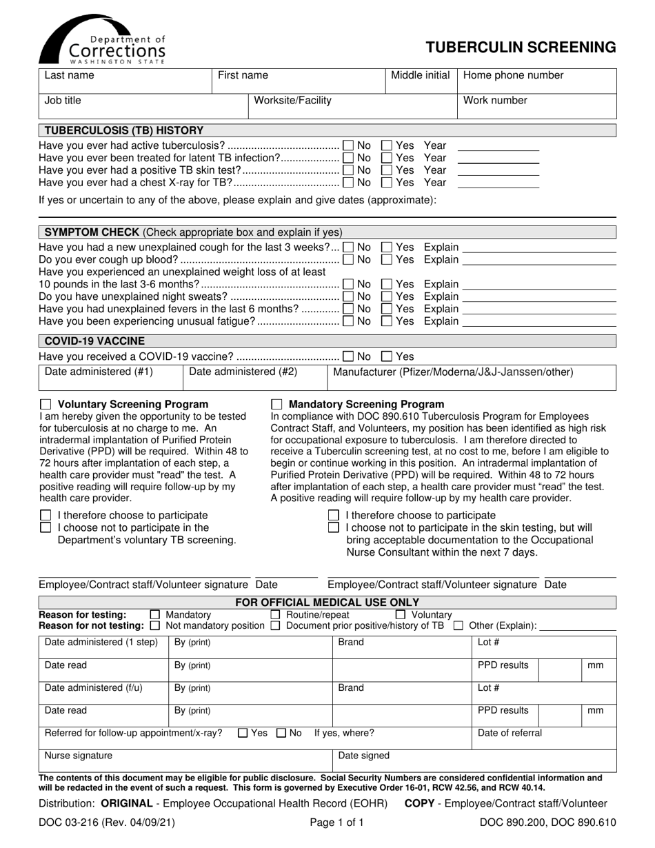 Form DOC03-216 Tuberculin Screening - Washington, Page 1