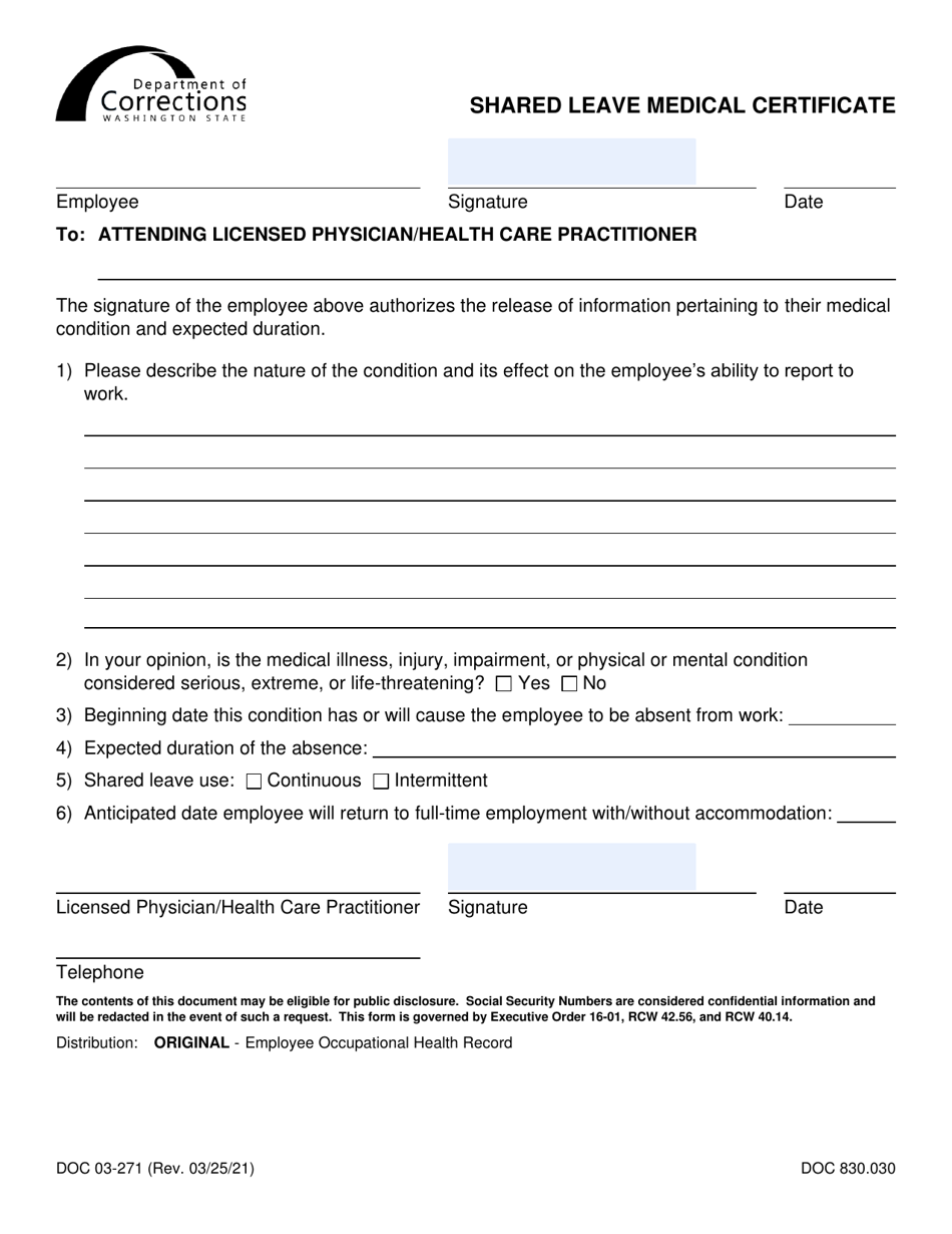 Form DOC03-271 Shared Leave Medical Certificate - Washington, Page 1