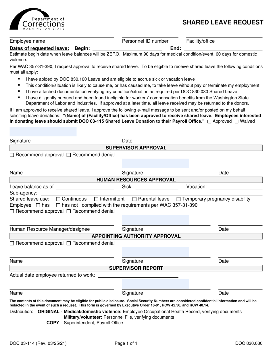Form DOC03-114 Shared Leave Request - Washington, Page 1