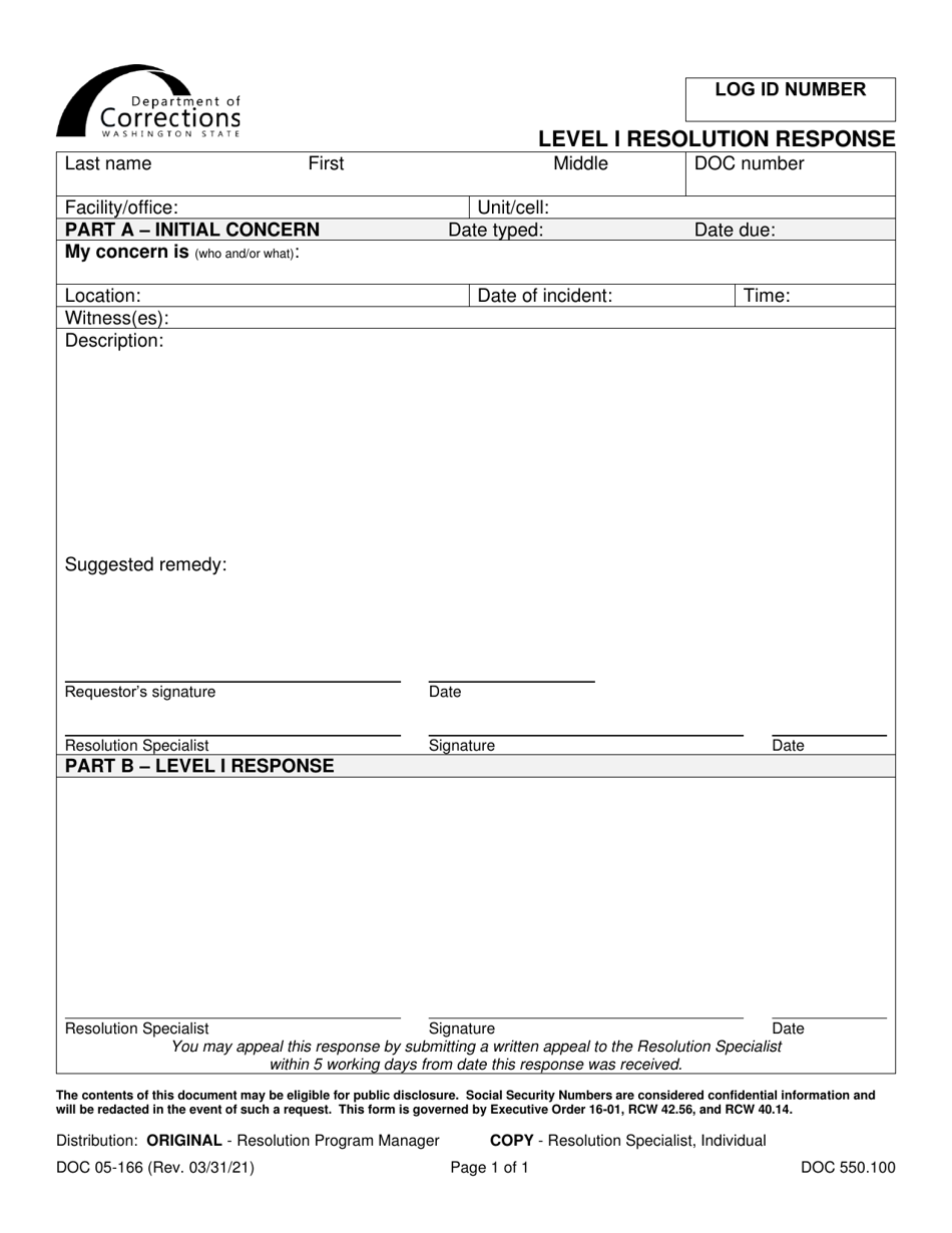 Form DOC05-166 Level I Resolution Response - Washington, Page 1