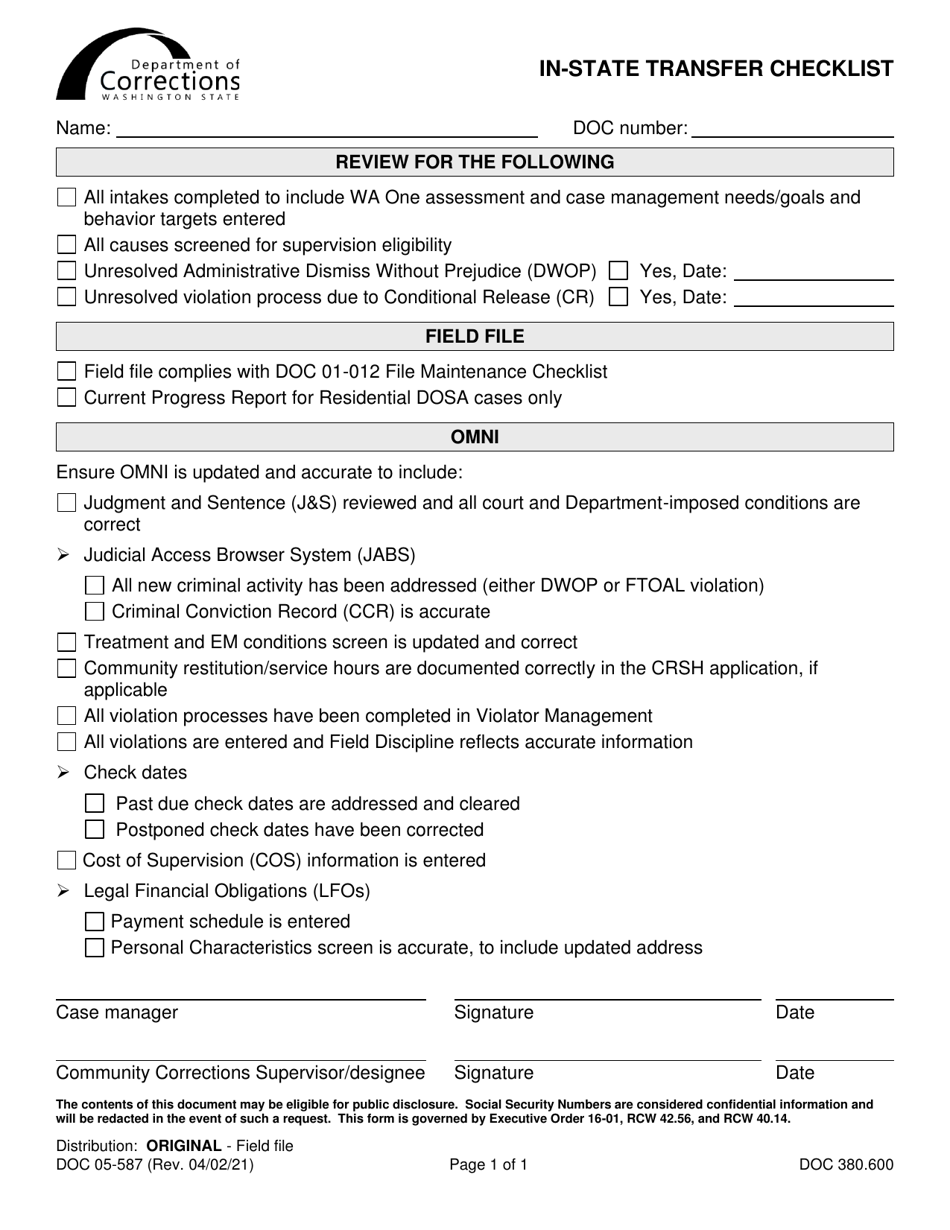 Form DOC05-587 In-state Transfer Checklist - Washington, Page 1