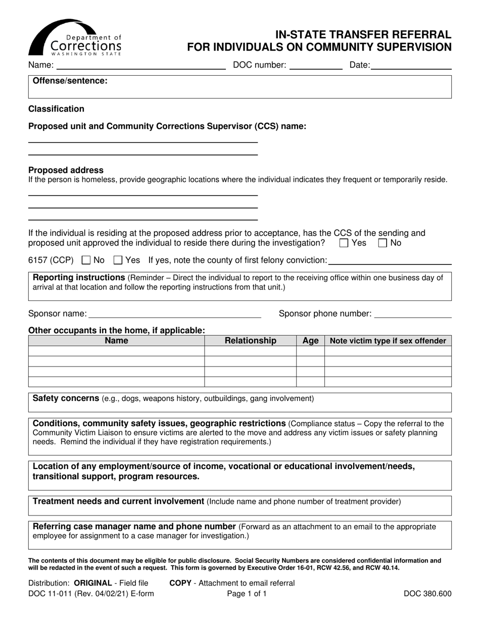 Form DOC11-011 In-state Transfer Referral for Individuals on Community Supervision - Washington, Page 1