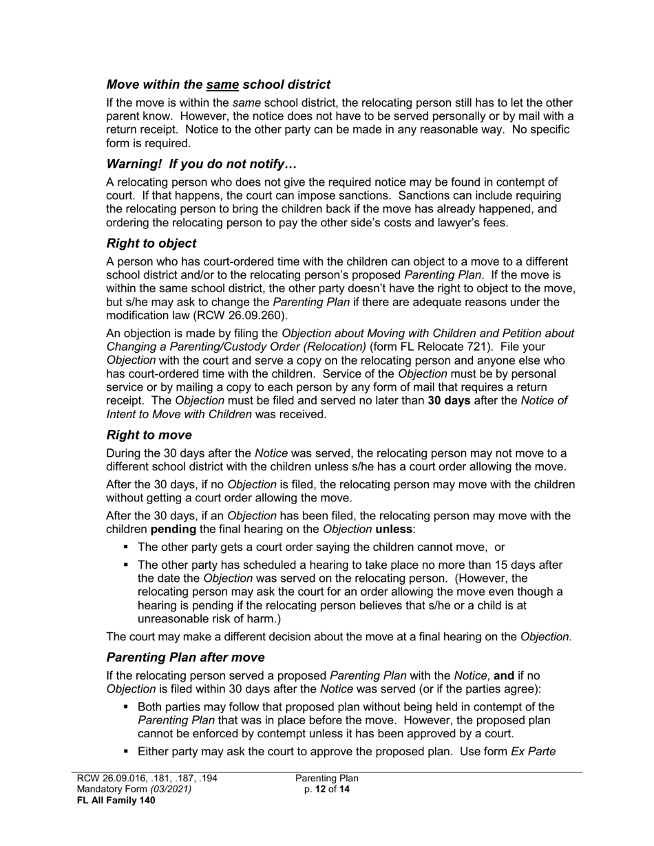 Form FL All Family140 Parenting Plan - Washington, Page 12